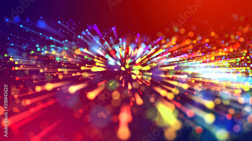 Abstract explosion of multicolored shiny particles like sparkles with light rays like laser show. 3d abstract background with light rays colorful glowing particles  depth of field  bokeh.