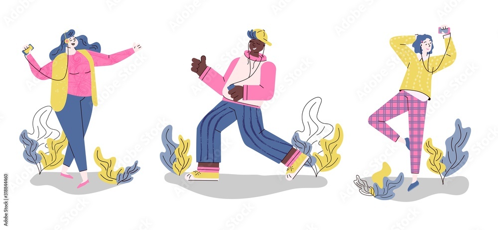 Young people dancing to music from headphones - colorful isolated set Young people dancing to music from headphones - colorful isolated set