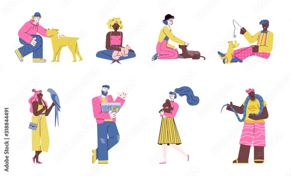 Cartoon people holding pet animals - isolated set of men and women with pets