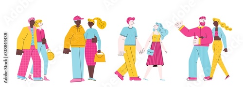 Walking and dating people cartoon characters, flat vector illustration isolated.
