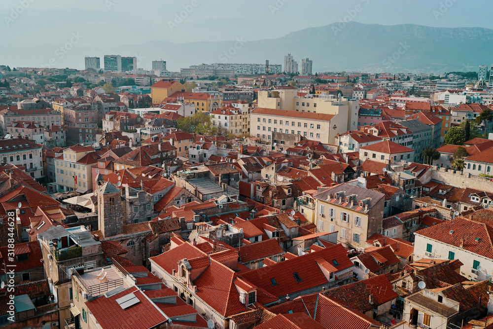 Beautiful cityscape with red tiled roofs of Split old town, Croatia.