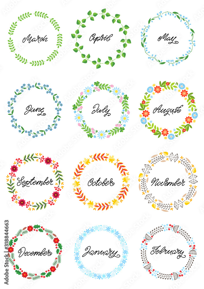 Floral frames. Set of 12 beautiful floral round frames for every month ...