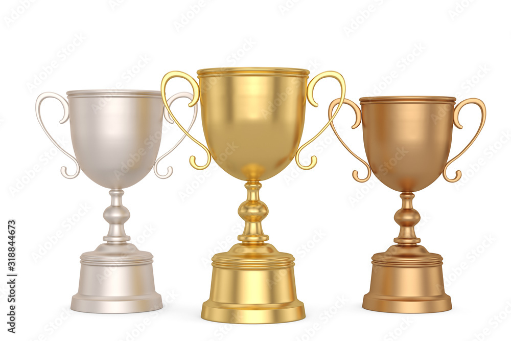 Gold Silver Bronze Trophy isolated on white background. 3D illustration. Gold Silver Bronze Trophy isolated on white background. 3D illustration.