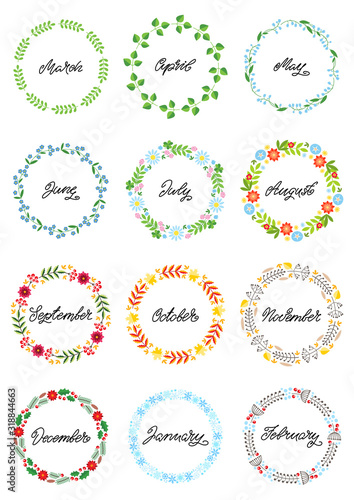 Floral frames. Set of 12 beautiful floral round frames for every month of the year. Illustration in flat design isolated on black background. Vector 8 EPS.