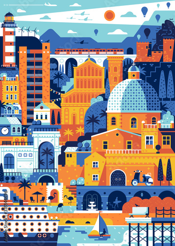Mediterranean Italy Sea Town Cagliari Travel Poster