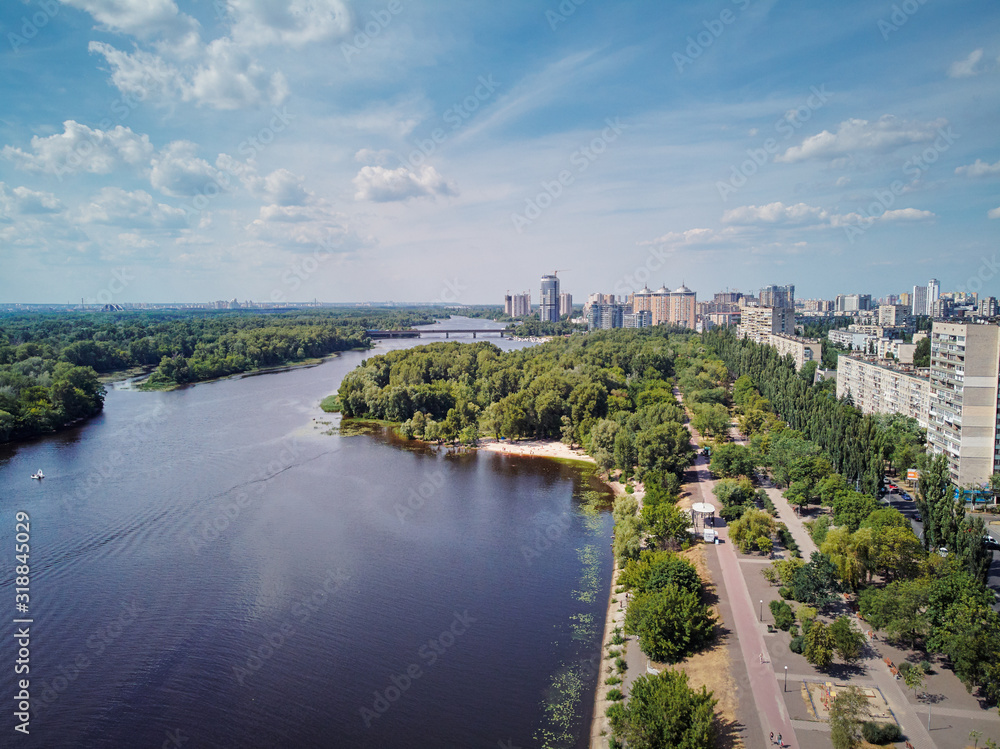 Aerial drone view of Dnipro river and Kyiv city.