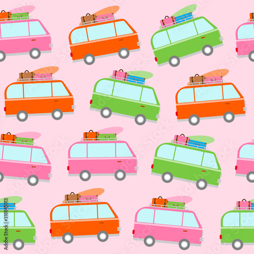 Colorful travel car seamless pattern background
