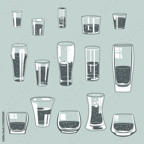 Set of fifteen glass transparent wine glasses with drinks inside, clip-art on a gray isolated background