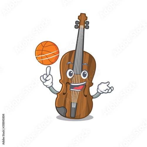 A mascot picture of violin cartoon character playing basketball