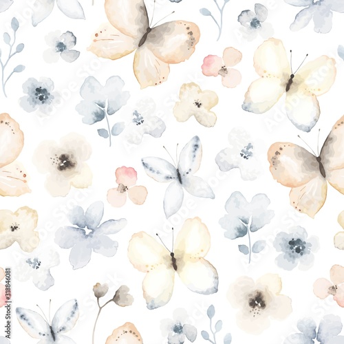 Seamless pattern with flying gentle butterflies and flowers. Vector floral illustration on white background in vintage watercolor style.