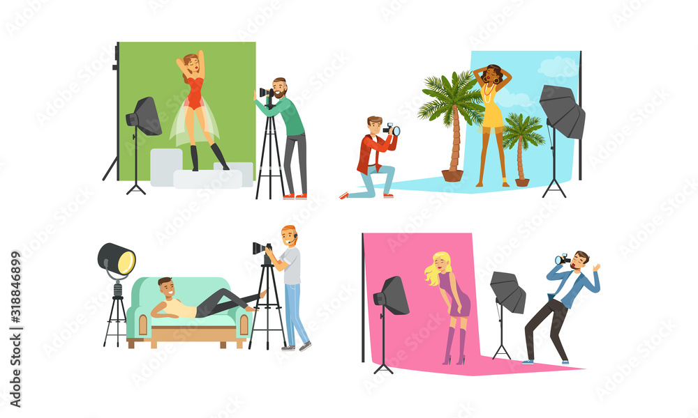 Photo Studio Collection, Male Photographers Taking Pictures of Models Posing for Photos with Professional Equipment Vector Illustration