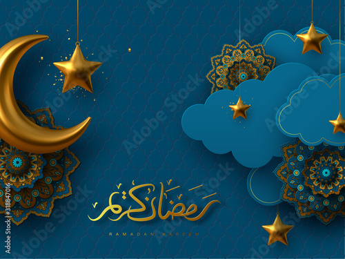 Ramadan Kareem vector card with 3d golden metal crescent, stars, paper cut clouds and flowers. Handwritten Arabic calligraphy means Ramadan Kareem. Blue traditional background for Muslim holy month.