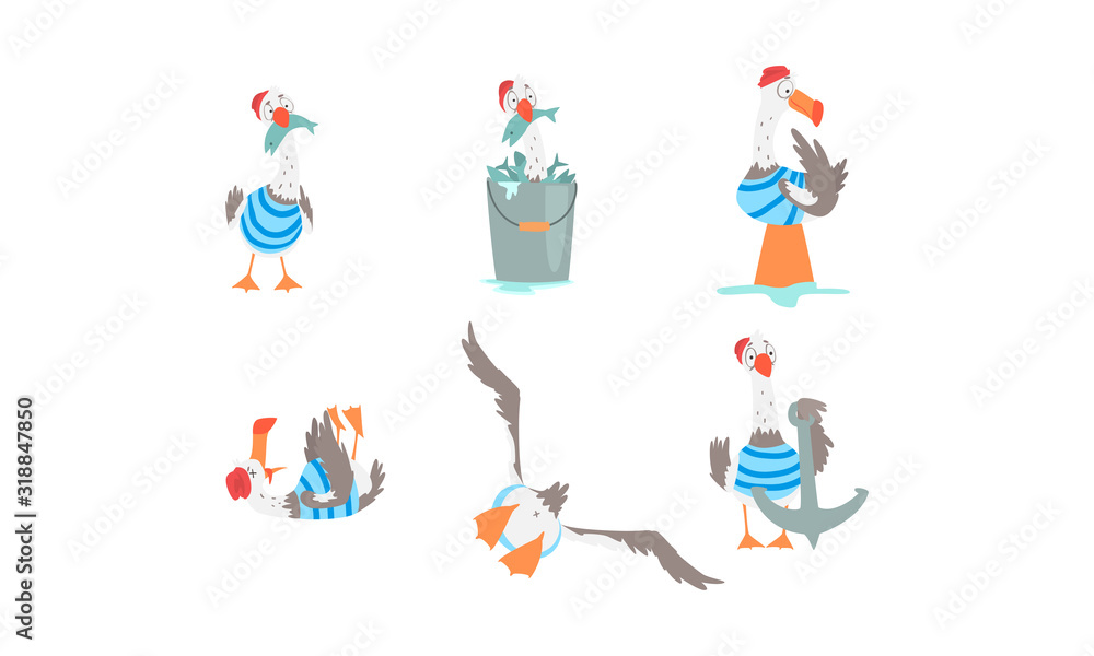 Seagull Sailor in Stripped Vest Collection, Funny Captain Bird Cartoon Character in Various Actions Vector Illustration