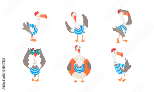 Seagull Sailor Collection  Funny Captain Bird Cartoon Character in Various Actions Vector Illustration