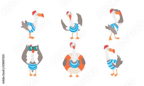 Seagull Sailor Collection, Funny Captain Bird Cartoon Character in Various Actions Vector Illustration