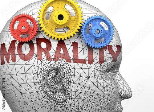 Morality and human mind - pictured as word Morality inside a head to symbolize relation between Morality and the human psyche, 3d illustration