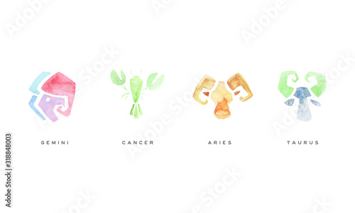 Watercolor Zodiac Signs Set, Aries, Taurus, Gemini, Cancer Vector Illustration