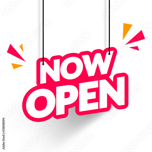 Vector Illustration Hanging Tag Now Open. Modern Web Banner Element