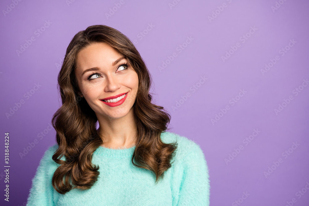 Closeup photo of funny cheerful curly lady dreamer looking empty space remember last romantic date wear casual mint teal fluffy pullover isolated purple pastel color background Closeup photo of funny cheerful curly lady dreamer looking empty space remember last romantic date wear casual mint teal fluffy pullover isolated purple pastel color background