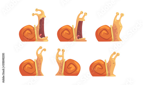 Cute Brown Snail with Different Emotions Collection, Gastropod Mollusk Cartoon Character with Funny Face Vector Illustration