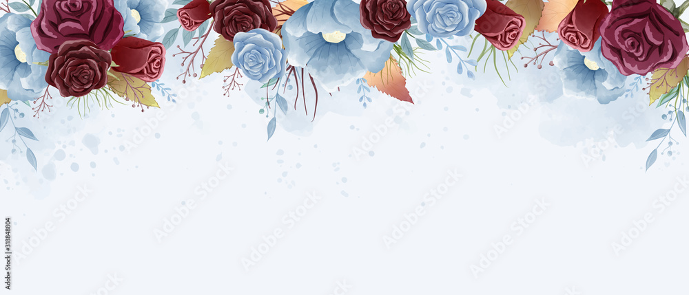 Obraz Watercolor roses and wild leaves painting. Burgundy and dust blue color theme. Design for wallpaper, background, poster, backdrop, and all printings.