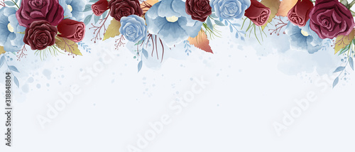 Watercolor roses and wild leaves painting. Burgundy and dust blue color theme. Design for wallpaper, background, poster, backdrop, and all printings.