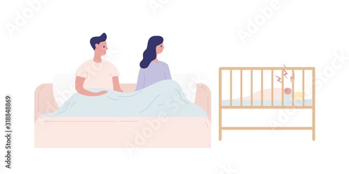Young parents having sleepless nights with a newborn baby vector flat illustration