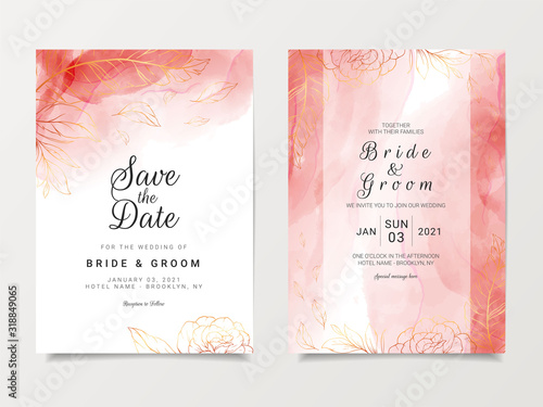 Liquid rose gold wedding invitation card template set with golden outlined floral decoration. Abstract background save the date  invitation  greeting card  cover vector