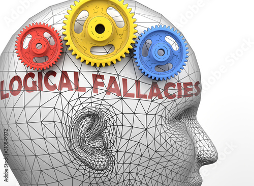 Logical fallacies and human mind - pictured as word Logical fallacies inside a head to symbolize relation between Logical fallacies and the human psyche, 3d illustration