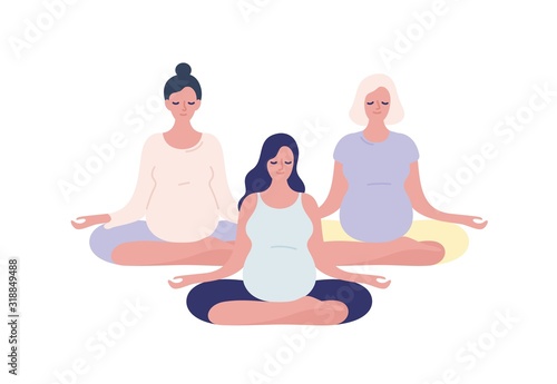 Group of relaxing pregnant woman meditating in lotus pose vector flat illustration. Pregnancy female practicing yoga isolated on white. Concept of maternity and healthy lifestyle