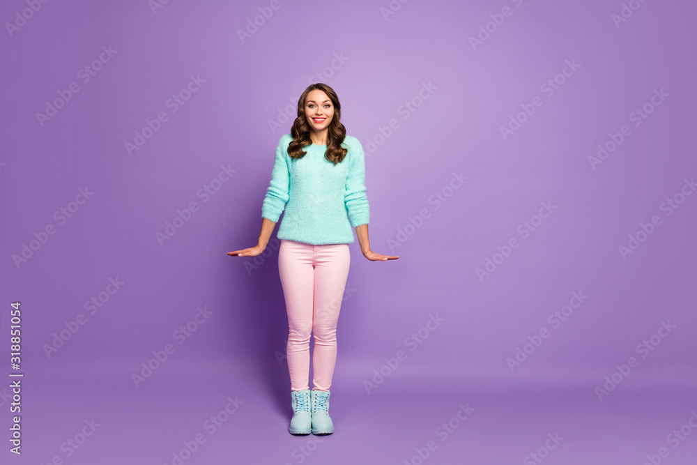 Full length photo of beautiful pretty lady curly hairstyle flirty good mood enjoy warm weather street wear pastel fluffy sweater pink pants shoes isolated purple color background Full length photo of beautiful pretty lady curly hairstyle flirty good mood enjoy warm weather street wear pastel fluffy sweater pink pants shoes isolated purple color background