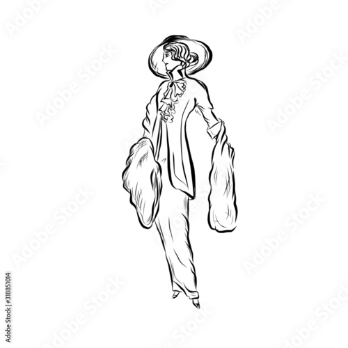 Woman In Art Nouveau Style, Fashion Female Silhouette, Hand Drawn Stylish Accessories, Vintage Clothes. 
