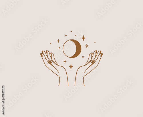 Vector set of abstract logo design template in simple linear style - hands and stars - mystic abstract symbols for cosmetics and packaging, jewellery, hand crafted or beauty products