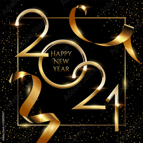 Happy new year greeting card vector template. Festive christmas social media banner design with congratulations. Golden 2021 number in frame with confetti realistic illustration with typography.