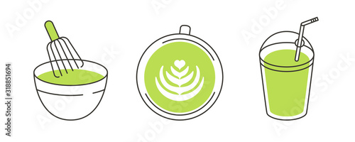 Vector abstract logo and branding design template in trendy linear minimal style - green matcha tea - icon set