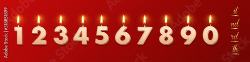 Birthday candles with burning flames and ending of the words isolated on red background. Vector design elements.