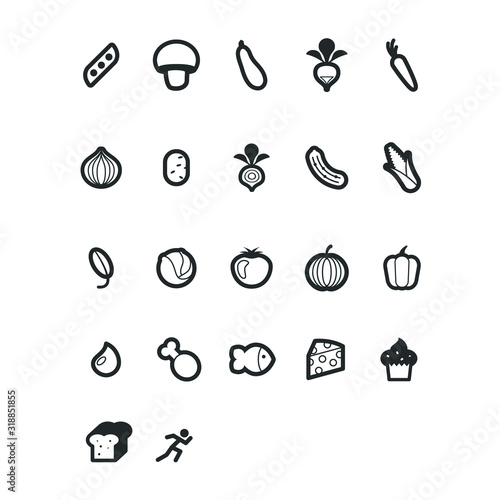 Food icon set - vegetable symbol healthy fresh organic diet meal nutrition cuisine green bio meat cooking bread vegetarian restaurant fruits pasta seafood raw