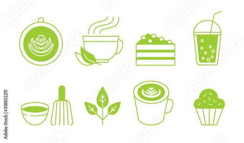 Vector abstract logo and branding design template in trendy linear minimal style - green matcha tea - icon set
