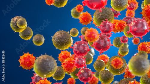 3D image of different dangerous coronavirus / virus molecules blurred on the dark blue isolated background