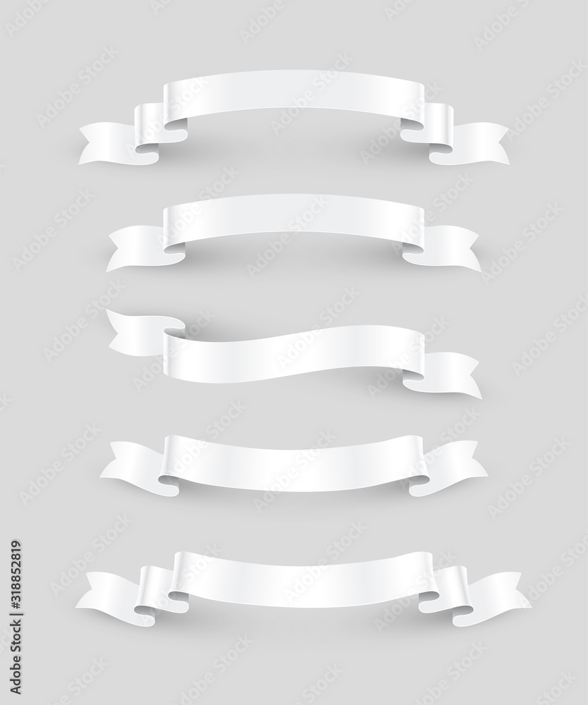 White ribbons set. Vector design elements isolated on gray background.