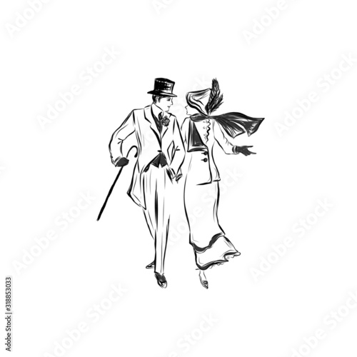 Woman And Man In Art Nouveau Style, Couple In Love, Husband And Wife, Fashion Female Silhouette, Hand Drawn Stylish Accessories, Vintage Clothes. Family Values. 