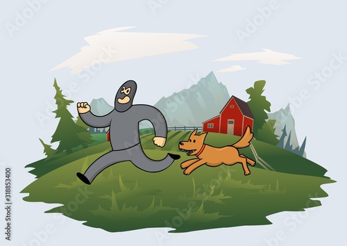 Dog chasing a criminal in black mask on trees and mountains background. Flat vector illustration.