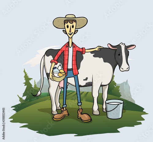 Young farmer in the hat standing next to his cow, cartoon character standing on the grass with trees and mountain landscape on the background. Flat vector illustration.