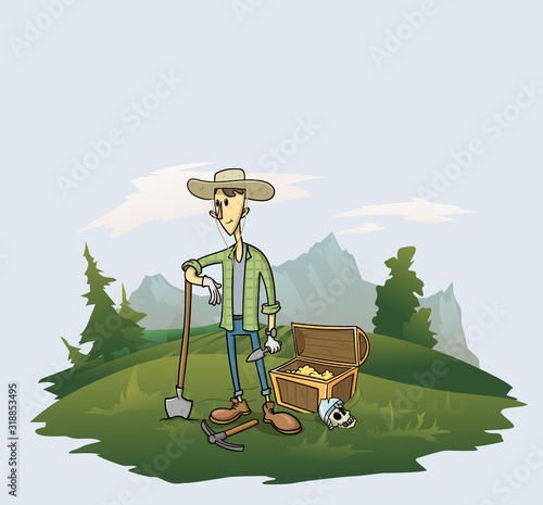 Treasure hunter standing on the meadow with his findings and tools. Flat vector illustration.