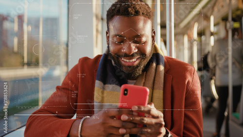 Future. Face Detection. Technological 3d Scanning. Biometric Facial Recognition. Face Id. Technological Scanning Of The Face Of Beautiful Caucasian Man At The Tram For Facial Recognition. Shoted By photo