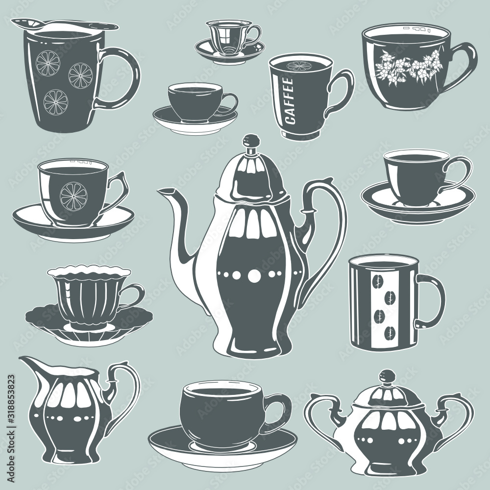 A set of tea and coffee utensils consisting of a cup, mug, saucer, teapot, sugar bowl and milk jug, on a gray isolated background