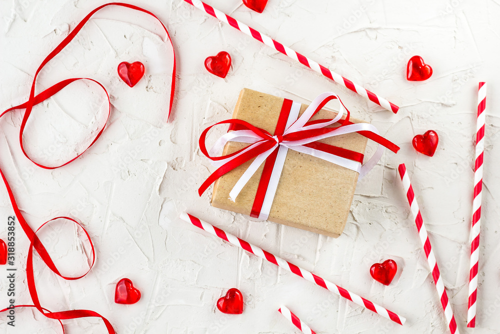 Flat lay for Valentine Day with red hearts, candles, confetti on white background. Flat lay for Valentine Day with red hearts, candles, confetti on white background.