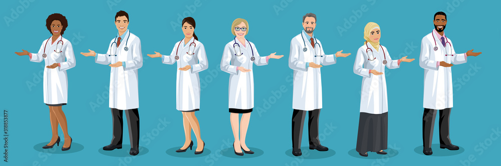 Big set of male and female doctors different nationalities. Men and woman medical staff are standing half turn and pointing by hand. European, Asian, African American, Arab hospital employees. Vector Big set of male and female doctors different nationalities. Men and woman medical staff are standing half turn and pointing by hand. European, Asian, African American, Arab hospital employees. Vector