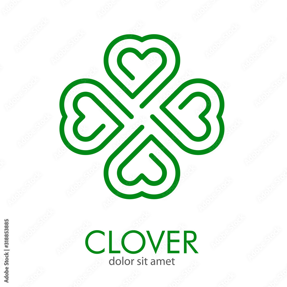 Fototapeta Logotipo abstracto con texto Clover con trébol lineal de 4 hojas con nudo en forma de corazón en color verde
