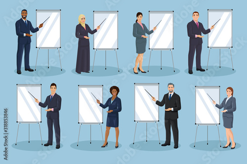 Diversity business people. European, African American, Asian and Arab business men and women are pointing to flipchart. Set of isolated vector illustrations